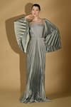 Buy_Geisha Designs_Grey Nylon Plain Round Madison Flared Cape Sleeve Pleated Gown  _at_Aza_Fashions