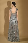 Shop_Geisha Designs_Grey Rayon, Nylon Sequins, Fabric Flowers Plunge Iris 3d Embroidered Slit Gown _at_Aza_Fashions