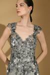 Geisha Designs_Grey Rayon, Nylon Sequins, Fabric Flowers Plunge Iris 3d Embroidered Slit Gown _Online_at_Aza_Fashions