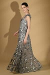 Buy_Geisha Designs_Grey Rayon, Nylon Sequins, Fabric Flowers Plunge Iris 3d Embroidered Slit Gown _Online_at_Aza_Fashions