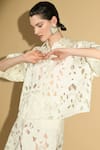 Geisha Designs_White Nylon Cutwork Floral Collar Penelope Shirt And Skirt Co-ord Set  _Online_at_Aza_Fashions