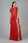 Buy_Geisha Designs_Red Nylon Embroidered Sequin Round Scarlett Structured Gown  _at_Aza_Fashions