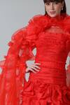 Geisha Designs_Orange Nylon Embroidered Rhinestone Gown Round Corallie With Cape _Online_at_Aza_Fashions