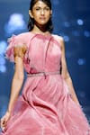 Buy_Geisha Designs_Pink Nylon Applique Orchids Asymmetric Rosalie Twisted Tulle Dress _at_Aza_Fashions