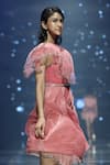 Geisha Designs_Pink Nylon Applique Orchids Asymmetric Rosalie Twisted Tulle Dress _Online_at_Aza_Fashions