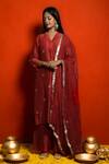 Buy_Mithi Supari_Red Silk Chanderi Embroidered Zardozi V Neck Kurta Set _at_Aza_Fashions