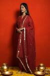 Mithi Supari_Red Silk Chanderi Embroidered Zardozi V Neck Kurta Set _Online_at_Aza_Fashions