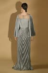 Shop_Geisha Designs_Grey Nylon Plain Round Madison Flared Cape Sleeve Pleated Gown  _at_Aza_Fashions