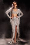 Buy_Ritika Mirchandani_Silver Net Embroidery Crystal V Nina Geometric Blouse And Skirt Set  _at_Aza_Fashions