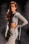 Ritika Mirchandani_Silver Net Embroidery Crystal V Nina Geometric Blouse And Skirt Set  _Online_at_Aza_Fashions