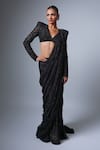 Shop_Ritika Mirchandani_Black Crepe Embroidered Crystal Bugle Maryam Skirt Saree And Blouse Set _Online_at_Aza_Fashions