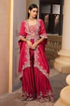JAYANTI REDDY_Pink Chanderi Embroidered Zardozi Cape Open Sharara Set _Online_at_Aza_Fashions