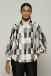 Abraham And Thakore_Ivory Chanderi Sequins Collared Checkered Print Shirt _Online_at_Aza_Fashions
