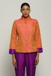 Abraham & Thakore_Orange Silk Embroidered Thread High Collar Shirt  _Online_at_Aza_Fashions