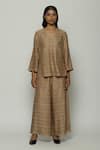 Buy_Abraham And Thakore_Brown Chanderi Embroidery V-neck Geometric Shirt _at_Aza_Fashions