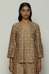 Abraham And Thakore_Brown Chanderi Embroidery V-neck Geometric Shirt _Online_at_Aza_Fashions