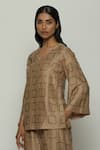 Buy_Abraham And Thakore_Brown Chanderi Embroidery V-neck Geometric Shirt _Online_at_Aza_Fashions