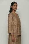 Shop_Abraham And Thakore_Brown Chanderi Embroidery V-neck Geometric Shirt _Online_at_Aza_Fashions