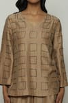 Abraham And Thakore_Brown Chanderi Embroidery V-neck Geometric Shirt _at_Aza_Fashions