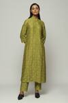 Buy_Abraham And Thakore_Green Chanderi Embroidery Mandarin Collar Cut Dana Shirt_at_Aza_Fashions