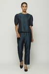 Buy_Abraham And Thakore_Blue Chanderi Embroidery Round Neck Pleated Puff Sleeve Top _at_Aza_Fashions