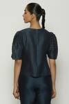 Shop_Abraham And Thakore_Blue Chanderi Embroidery Round Neck Pleated Puff Sleeve Top _at_Aza_Fashions