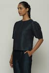 Buy_Abraham And Thakore_Blue Chanderi Embroidery Round Neck Pleated Puff Sleeve Top _Online_at_Aza_Fashions