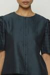 Abraham And Thakore_Blue Chanderi Embroidery Round Neck Pleated Puff Sleeve Top _at_Aza_Fashions