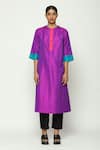 Abraham & Thakore_Purple Silk Embroidered Stitchline Thread Round Shot Work Kurta  _at_Aza_Fashions