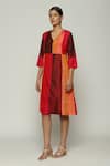 Abraham & Thakore_Orange Silk Plain V Neck Patchwork Kurta  _Online_at_Aza_Fashions