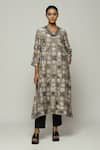 Buy_Abraham & Thakore_Brown Chanderi Printed Symbol V Neck Dress  _at_Aza_Fashions