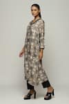 Abraham & Thakore_Brown Chanderi Printed Symbol V Neck Dress  _Online_at_Aza_Fashions