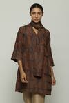 Abraham & Thakore_Brown Silk Embroidered Badla V Neck Tribal Dress  _Online_at_Aza_Fashions