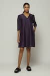 Buy_Abraham And Thakore_Purple Chanderi V-neck Sleeve Pleated Dress _at_Aza_Fashions