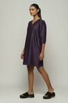 Abraham And Thakore_Purple Chanderi V-neck Sleeve Pleated Dress _Online_at_Aza_Fashions
