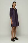 Buy_Abraham And Thakore_Purple Chanderi V-neck Sleeve Pleated Dress _Online_at_Aza_Fashions