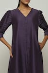 Shop_Abraham And Thakore_Purple Chanderi V-neck Sleeve Pleated Dress _Online_at_Aza_Fashions