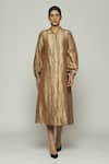 Buy_Abraham & Thakore_Gold Silk Tribal Lines Spread Collar Pattern Shirt Dress  _at_Aza_Fashions