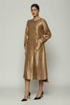 Abraham & Thakore_Gold Silk Tribal Lines Spread Collar Pattern Shirt Dress  _Online_at_Aza_Fashions