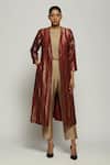 Buy_Abraham And Thakore_Wine Silk Open Neck Tribal Lines Woven Jacket _at_Aza_Fashions