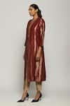 Abraham And Thakore_Wine Silk Open Neck Tribal Lines Woven Jacket _Online_at_Aza_Fashions