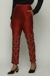 Shop_Abraham And Thakore_Red Chanderi Embroidery Straight Pant _at_Aza_Fashions
