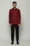 Buy_Abraham & Thakore_Wine Poplin Embroidered Geometric Checkered Button Down Shirt  _at_Aza_Fashions