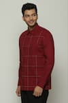 Buy_Abraham & Thakore_Wine Poplin Embroidered Geometric Checkered Button Down Shirt  _Online_at_Aza_Fashions