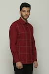 Shop_Abraham & Thakore_Wine Poplin Embroidered Geometric Checkered Button Down Shirt  _Online_at_Aza_Fashions