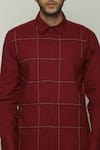 Abraham & Thakore_Wine Poplin Embroidered Geometric Checkered Button Down Shirt  _at_Aza_Fashions