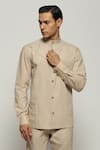 Buy_Abraham & Thakore_Beige Poplin Digonal Pleated Button Down Shirt  _Online_at_Aza_Fashions