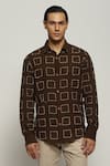 Abraham & Thakore_Brown Handloom Cotton Embroidered Geometric Stitch Shirt  _Online_at_Aza_Fashions