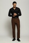 Buy_Abraham & Thakore_Brown Cotton Plain Car Embroidered Straight Trouser _at_Aza_Fashions