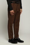 Abraham & Thakore_Brown Cotton Plain Car Embroidered Straight Trouser _at_Aza_Fashions